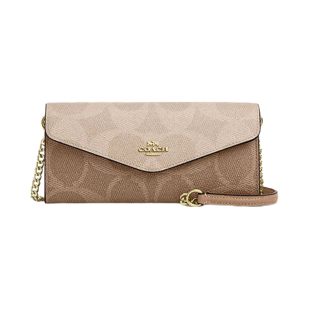 Coach Klare Wallet With Chain In Blocked Signature Canvas Gold-Sand-Tan - HypeFly India View 4
