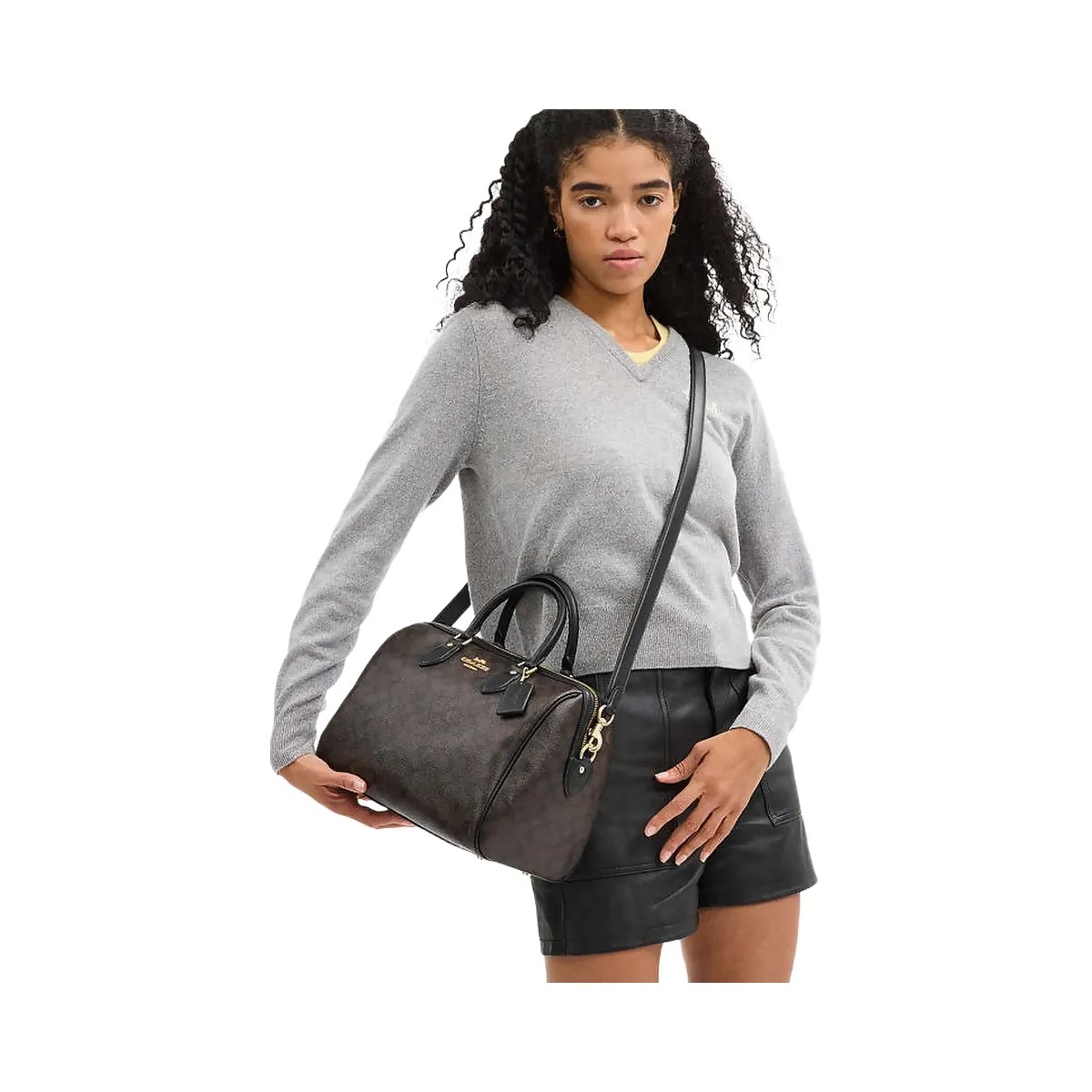 Coach Rowan Large Satchel Bag In Signature Canvas Signature Canvas-Gold-Walnut-Black - HypeFly India View 3