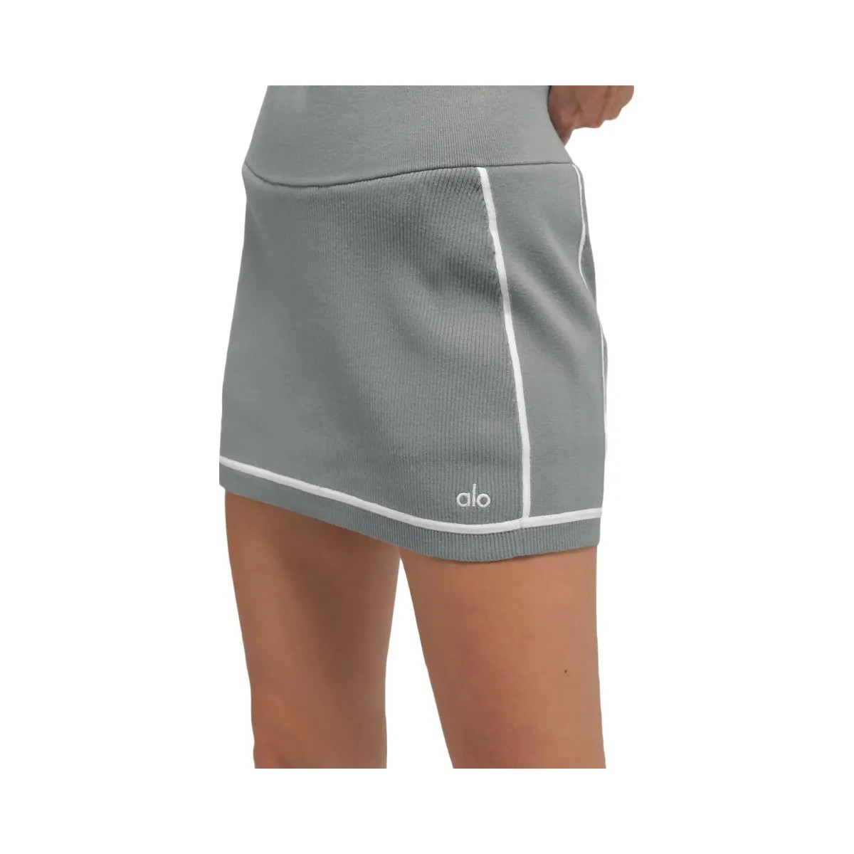 Alo Women's Ribbed Sweater Knit Highline Mini Skirt - Lunar Grey/White - HypeFly India View 4