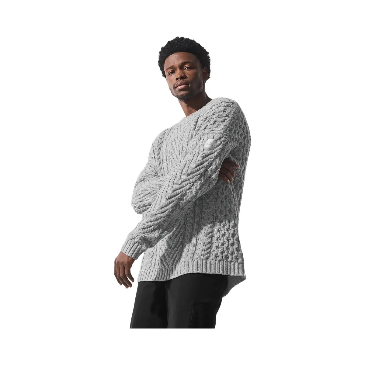 Alo Men's Cable Knit Crew Neck Sweater - Athletic Heather Grey - HypeFly India View 3