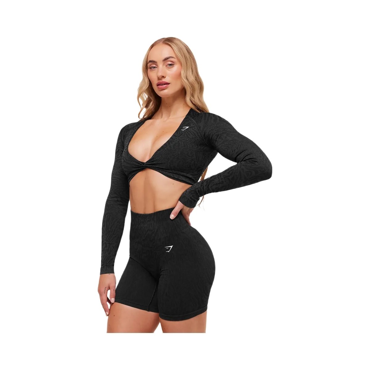 Gymshark Adapt Animal Long Sleeve Crop Top - Black/Asphalt Grey - HypeFly India View 3