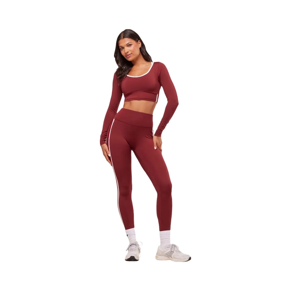 Gymshark Piping Long Sleeve Crop Top - Sets Red/Carmine Red/Soft White - HypeFly India View 4