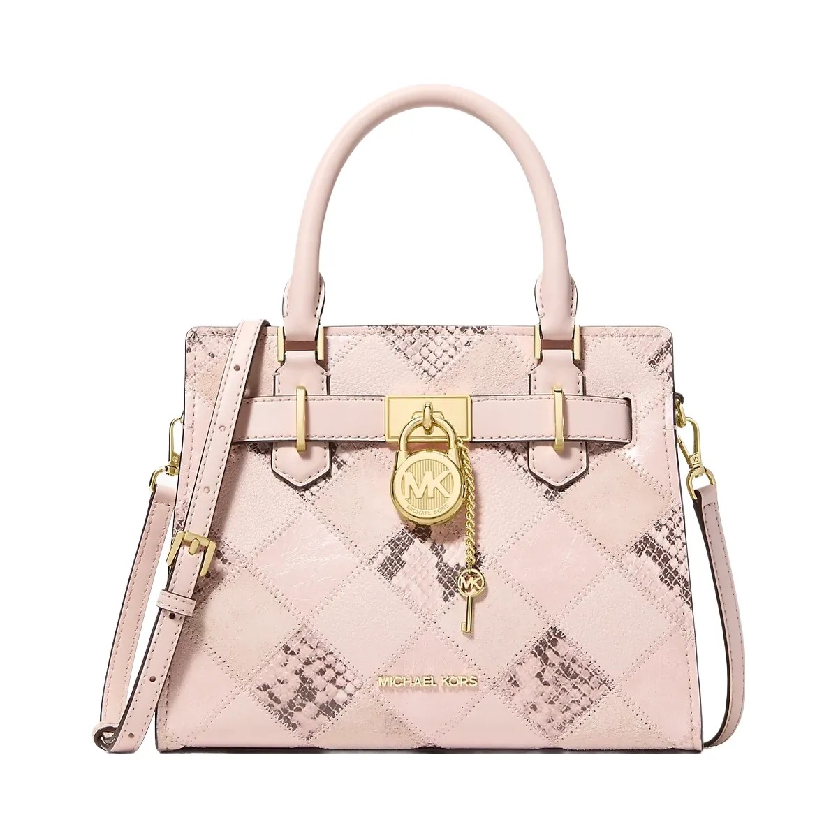 Michael Kors Hamilton Small Patchwork and Snake Embossed Satchel Powder Blush - HypeFly India View 1