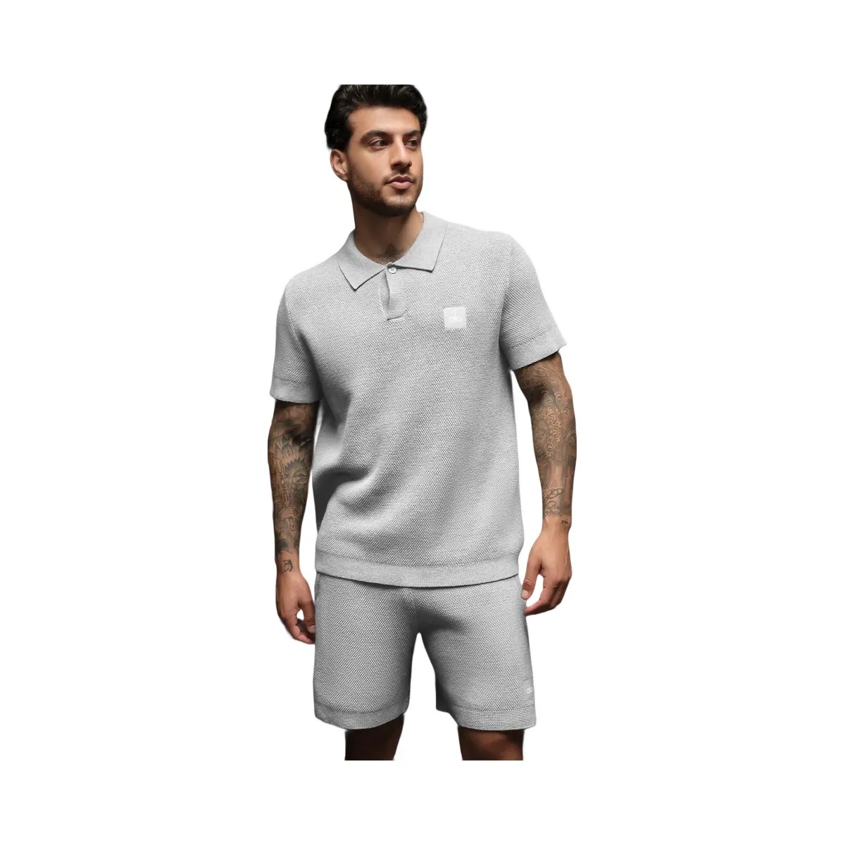 Alo Men's Sports Club Sweater Knit Polo - Athletic Heather Grey - HypeFly India View 2