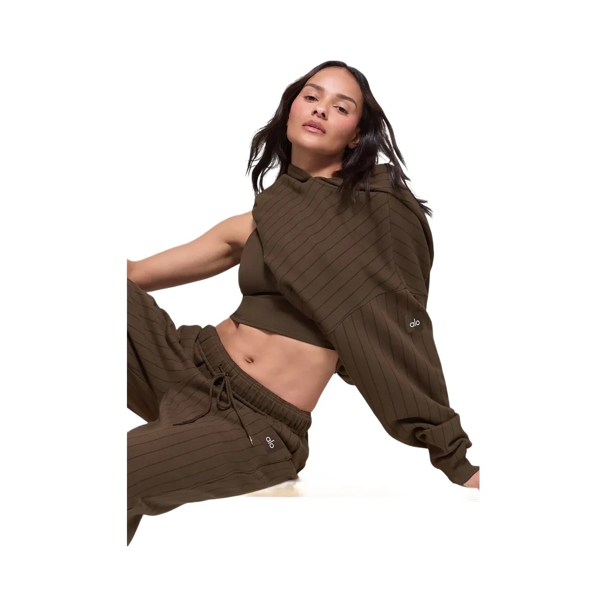 Alo Women's Pinstripe Hoodie - Espresso Pinstripe - HypeFly India View 4
