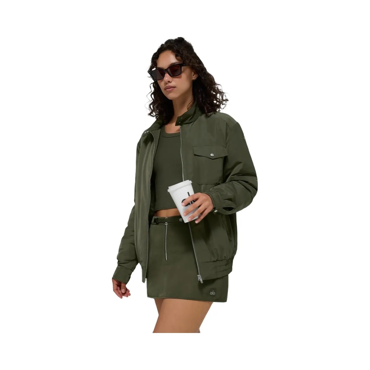 Alo Women's Work It Bomber - Green Olive - HypeFly India View 5
