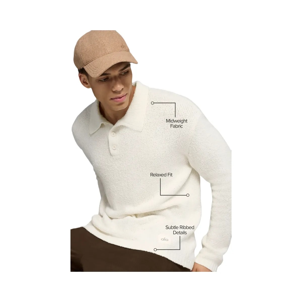 Alo Men's Textured Knit Long Sleeve Polo - Ivory - HypeFly India View 2