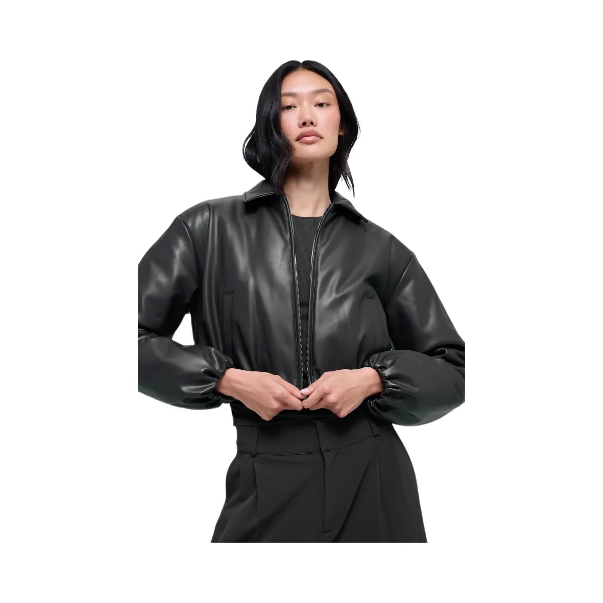 Alo Women's Faux Leather Cropped Premier Bomber - Black - HypeFly India View 2