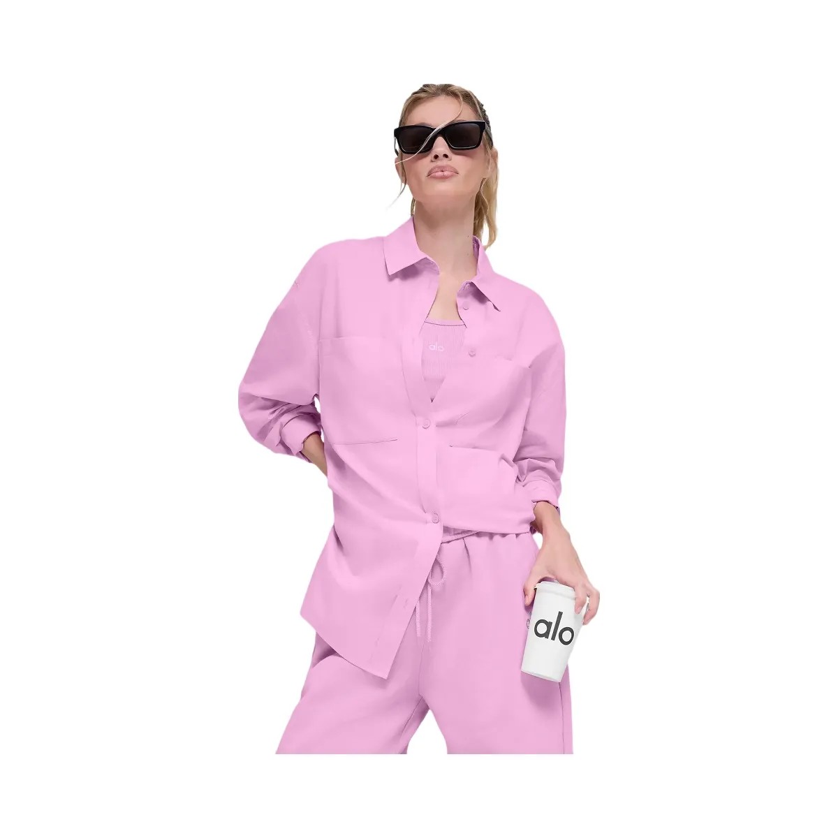 Alo Women's Cotton Real Deal Button Up Long Sleeve - Candy Heart Pink - HypeFly India View 1
