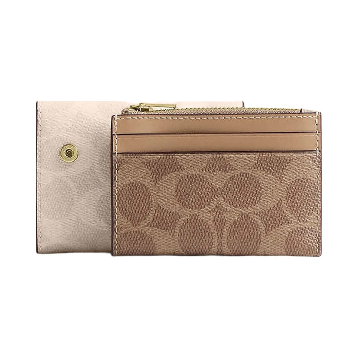 Coach Card Holder Wallet In Blocked Signature Canvas Signature Canvas-Gold-Sand-Tan - HypeFly India View 2