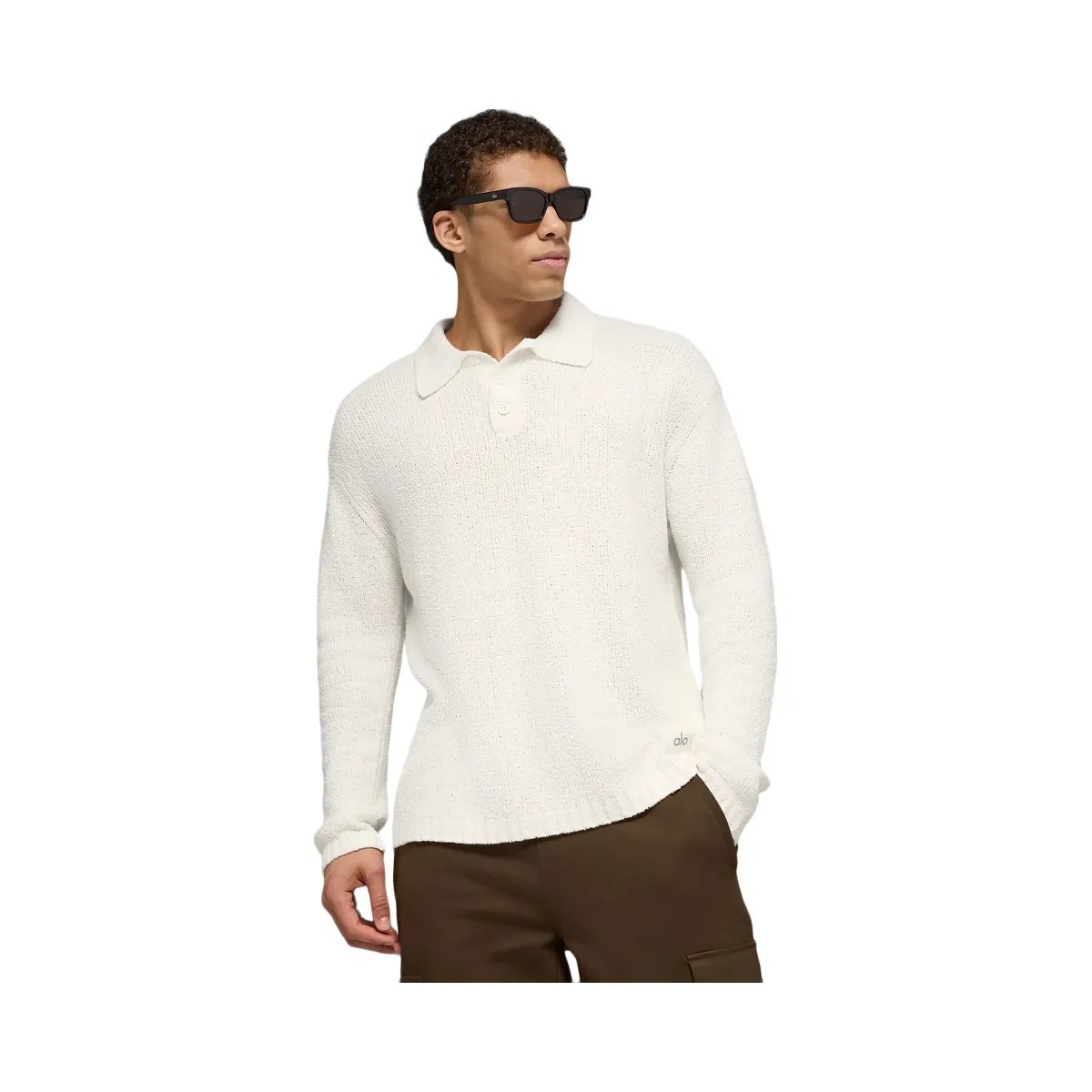 Alo Men's Textured Knit Long Sleeve Polo - Ivory - HypeFly India View 1