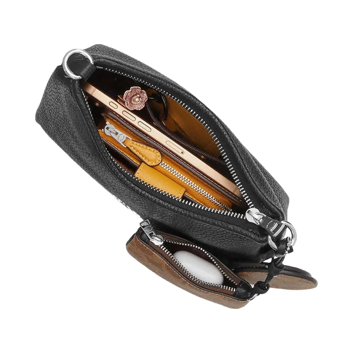 Coach Laurel Small Shoulder Bag With Mirror Charm And Pouch Pebbled Leather-Sv-Black-Tan - HypeFly India View 4