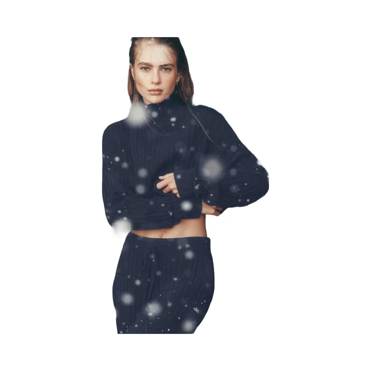 Alo Women's Cable Knit Cropped Winter Bliss Turtleneck Long Sleeve - Navy - HypeFly India View 6