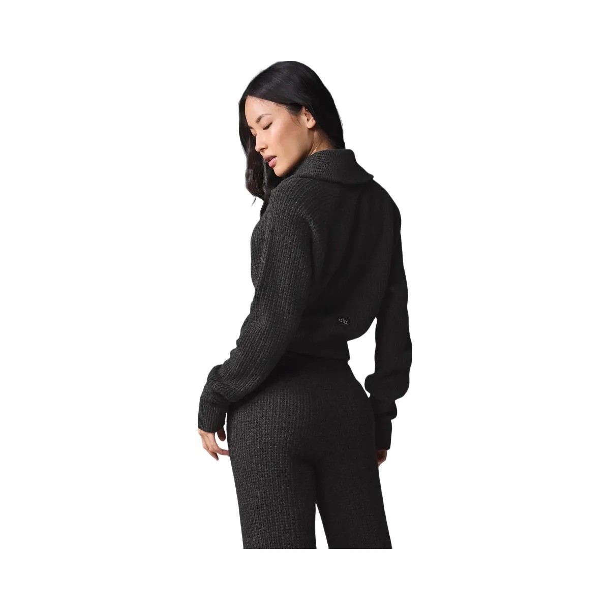 Alo Women's Cashmere Plush Waffle 1/4 Zip Pullover - Dark Heather Grey - HypeFly India View 2