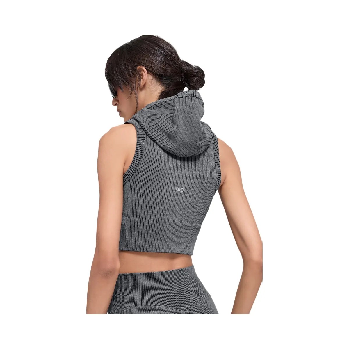 Alo Women's Seamless Two Tone Rib Hooded Vest - Dark Misty Grey Heather - HypeFly India View 3