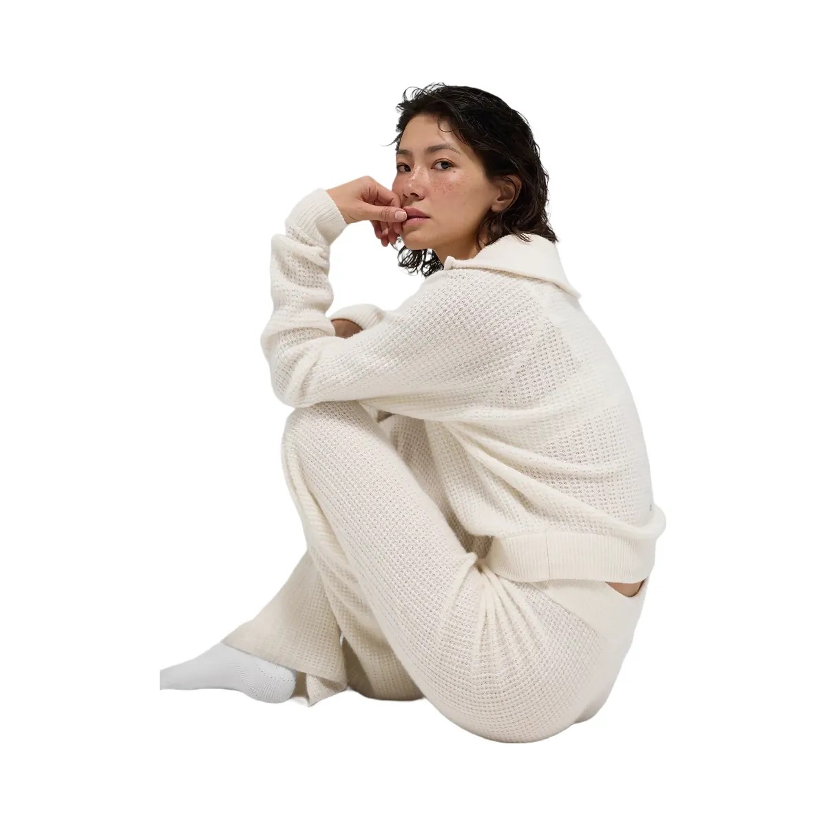 Alo Women's Cashmere Plush Waffle 1/4 Zip Pullover - Ivory - HypeFly India View 5