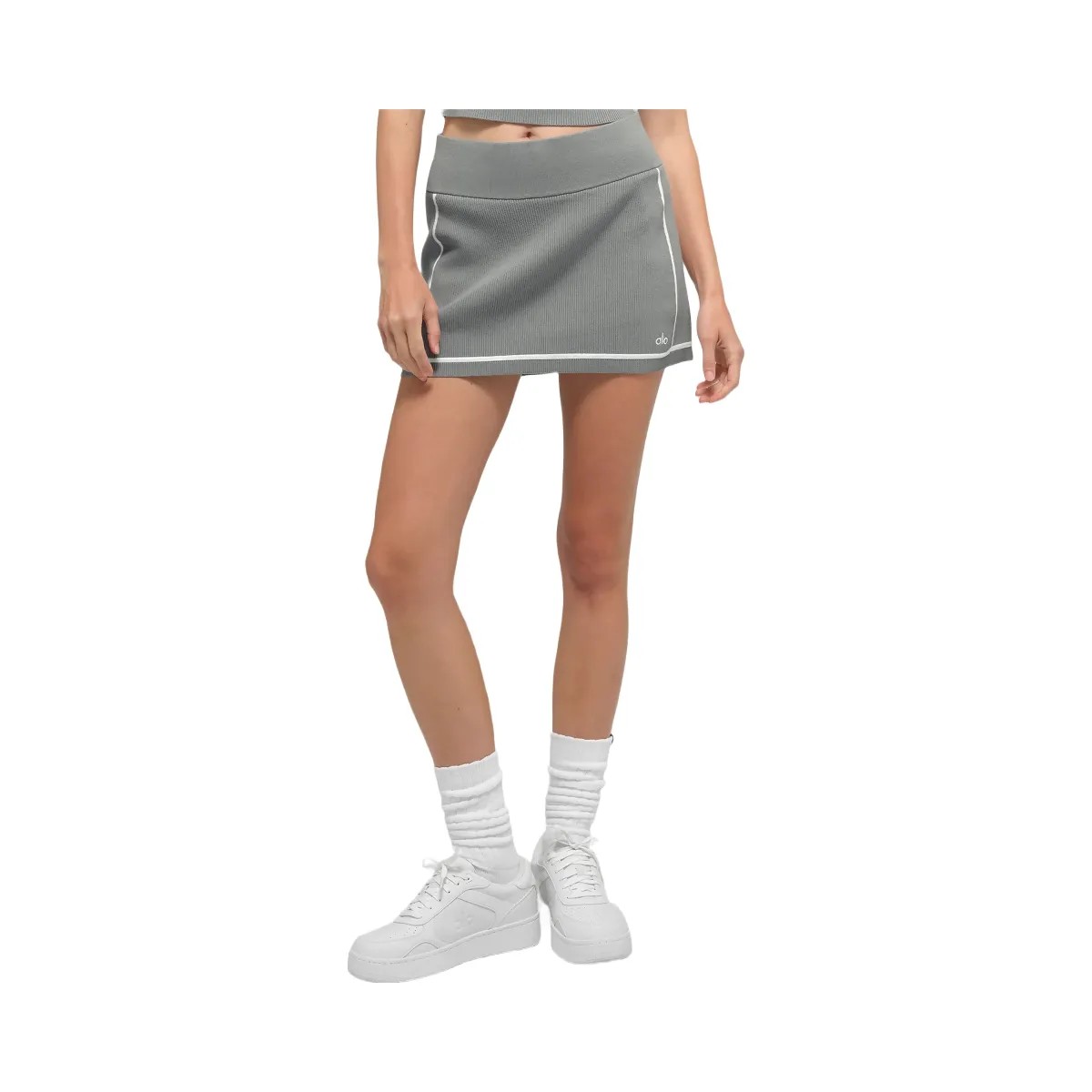 Alo Women's Ribbed Sweater Knit Highline Mini Skirt - Lunar Grey/White - HypeFly India View 1