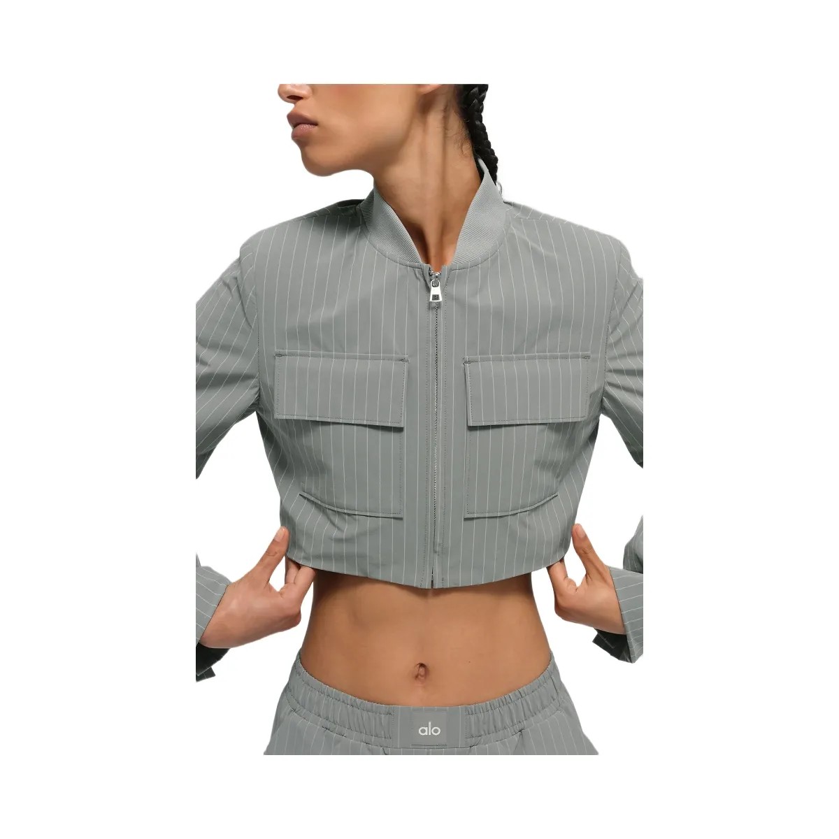 Alo Women's Cropped Pinstripe Main Character Full Zip Jacket - Lunar Grey/White - HypeFly India View 3