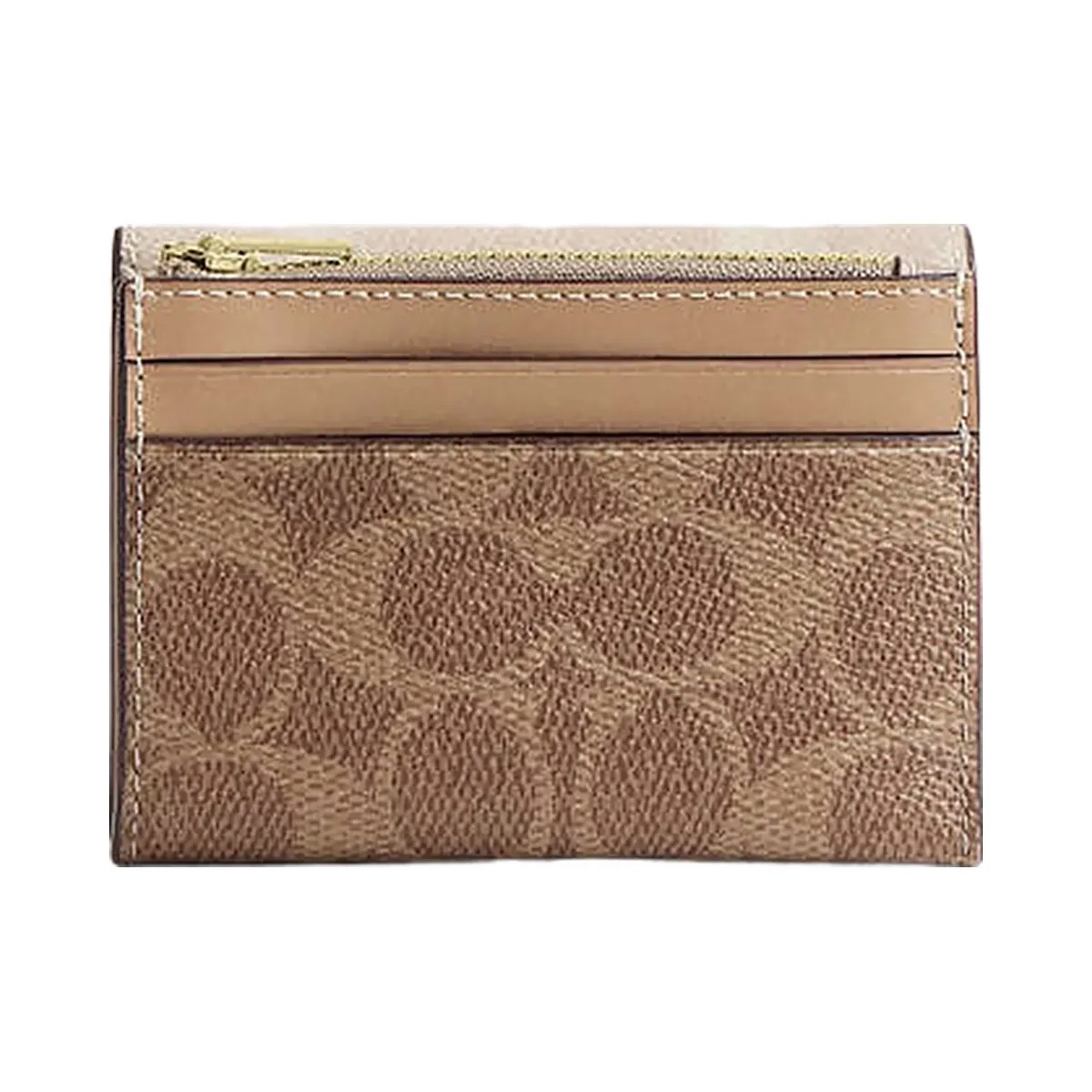 Coach Card Holder Wallet In Blocked Signature Canvas Signature Canvas-Gold-Sand-Tan - HypeFly India View 3