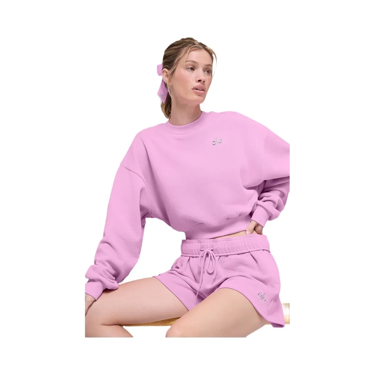 Alo Women's Cropped Accolade Crewneck - Candy Heart Pink - HypeFly India View 3
