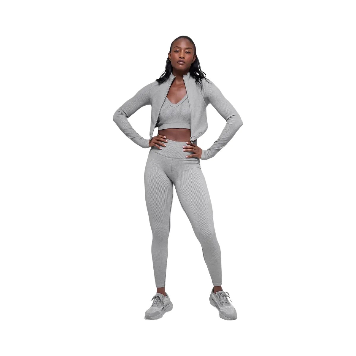 Alo Women's Seamless Two Tone Rib Jacket - Light Misty Grey Heather - HypeFly India View 1