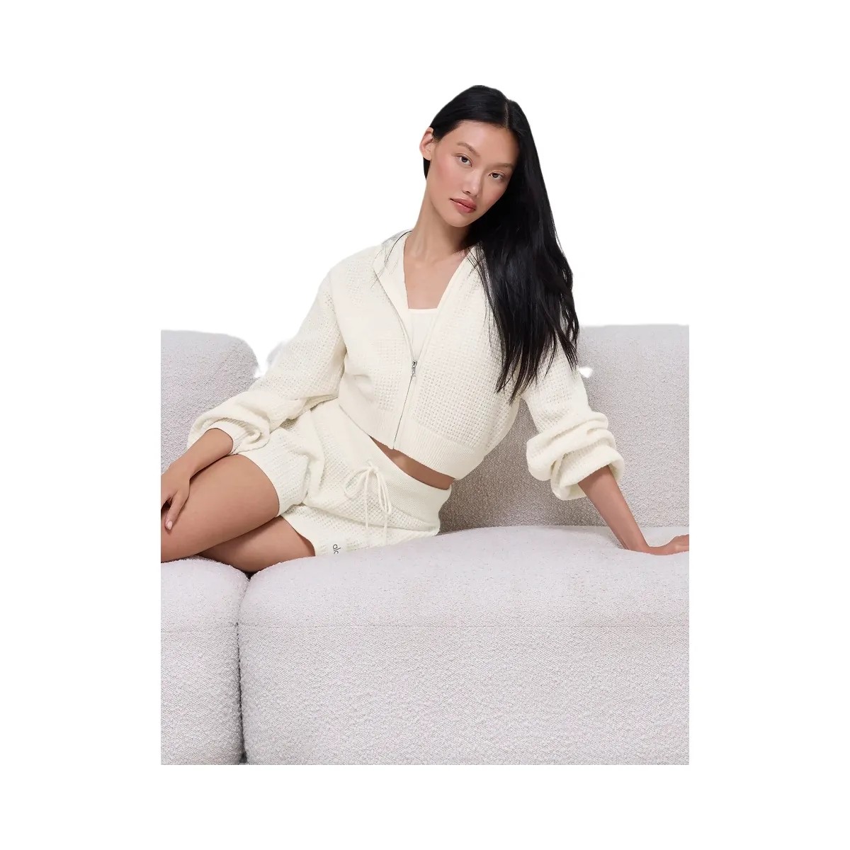 Alo Women's Cashmere Plush Waffle Full Zip Hoodie - Ivory - HypeFly India View 4