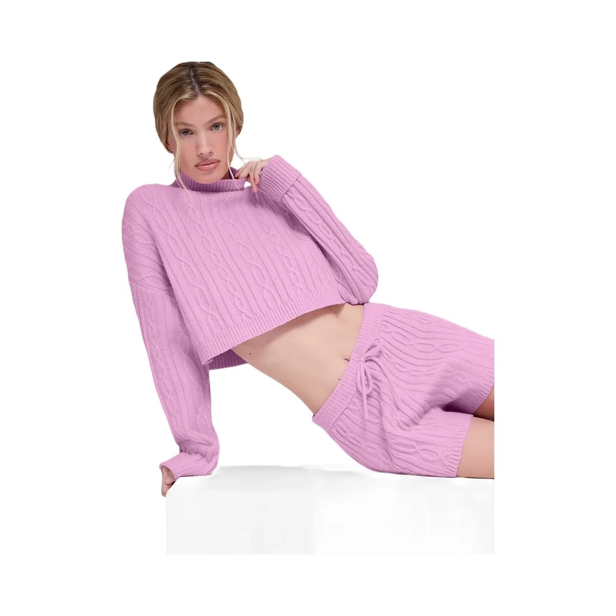 Alo Women's Cable Knit Cropped Winter Bliss Turtleneck Long Sleeve - Candy Heart Pink - HypeFly India View 3