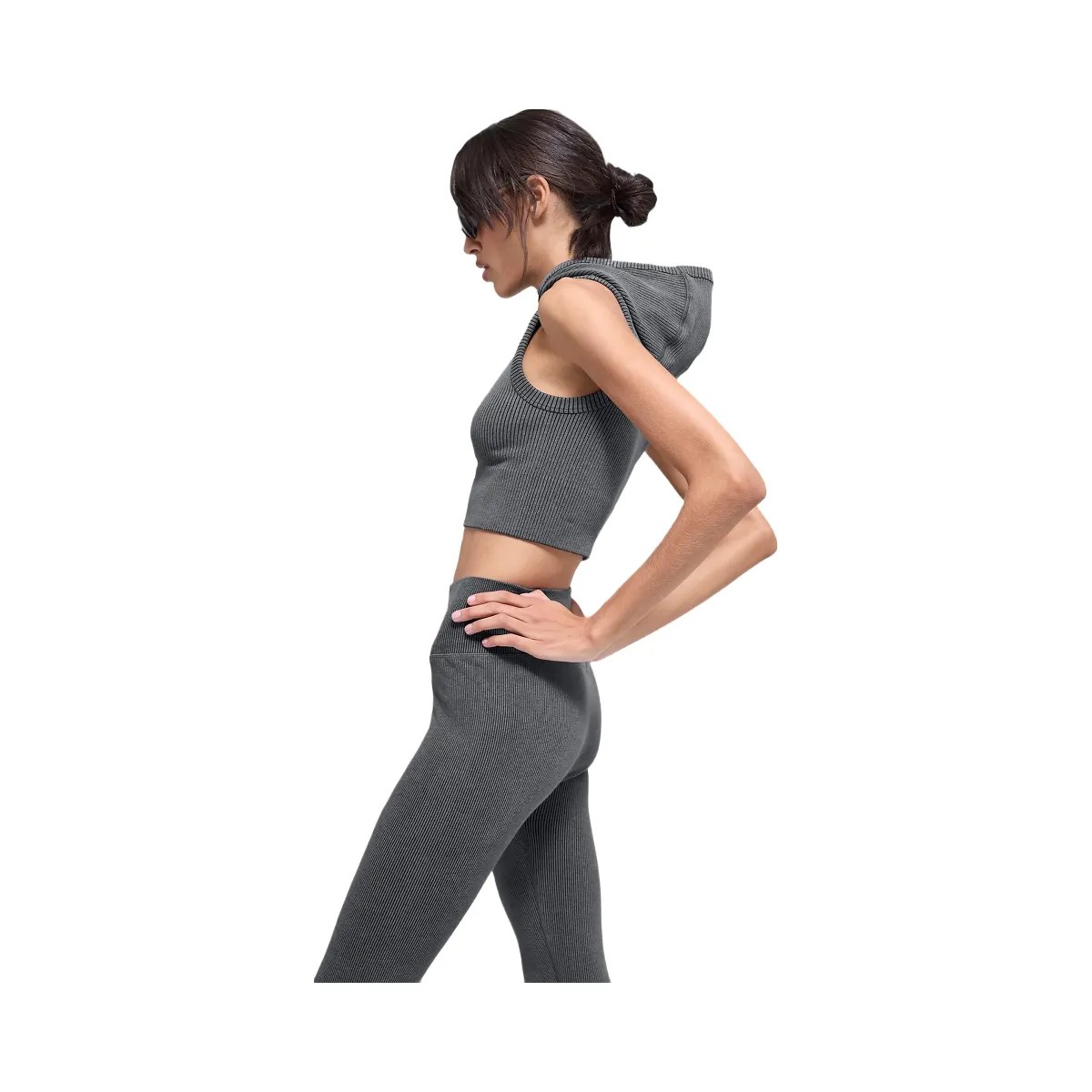 Alo Women's Seamless Two Tone Rib Hooded Vest - Dark Misty Grey Heather - HypeFly India View 4