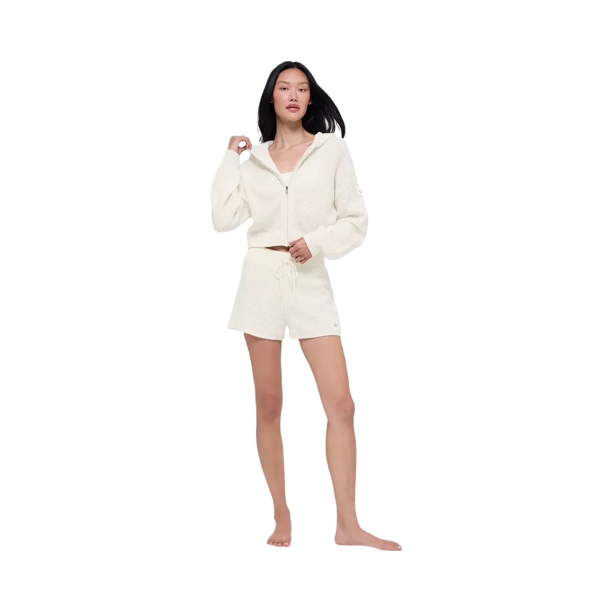 Alo Women's Cashmere Plush Waffle Full Zip Hoodie - Ivory - HypeFly India View 5