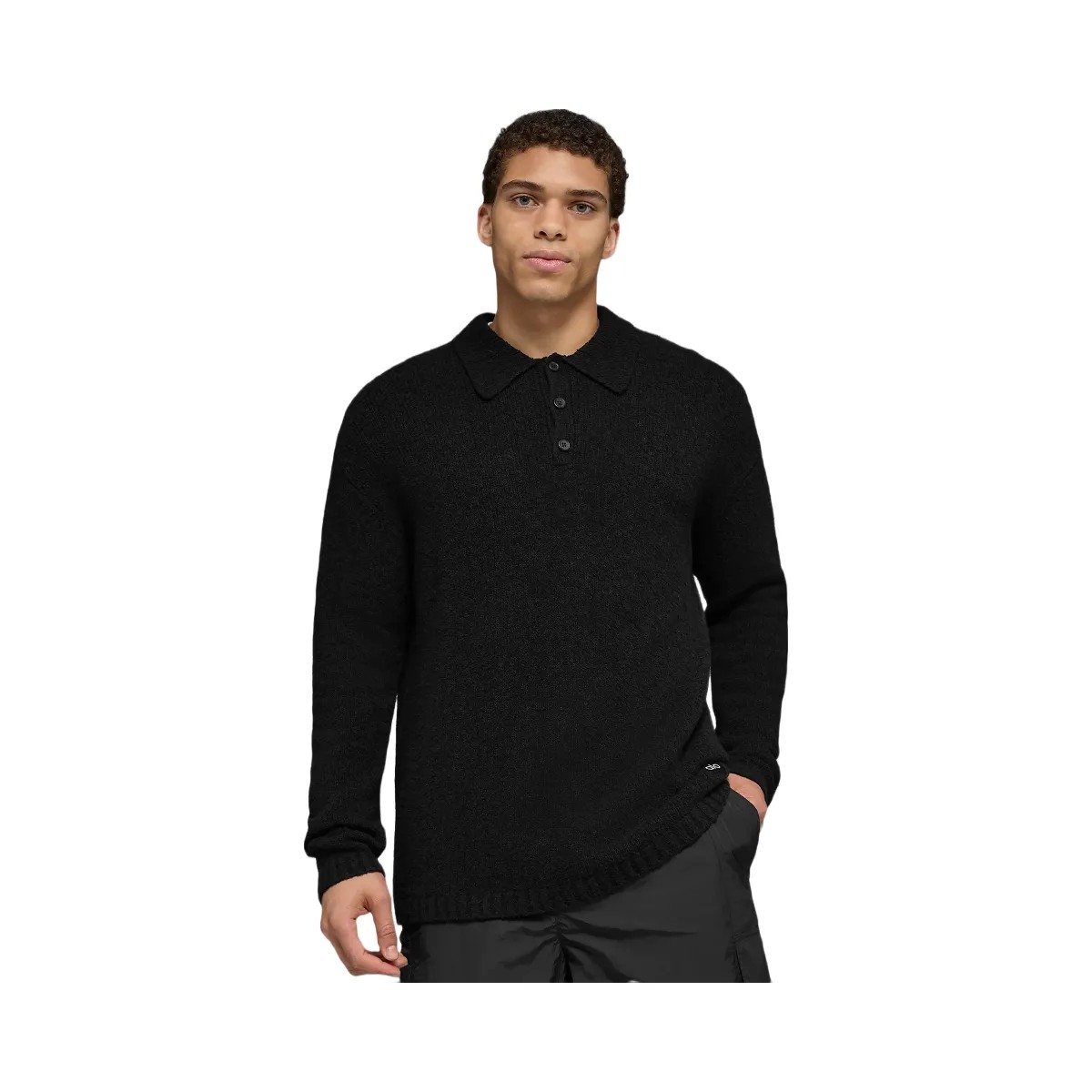 Alo Men's Textured Knit Long Sleeve Polo - Black - HypeFly India View 1
