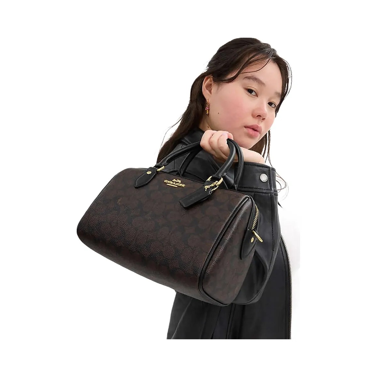 Coach Rowan Satchel Bag In Signature Canvas Signature Canvas-Gold-Walnut-Black - HypeFly India View 3