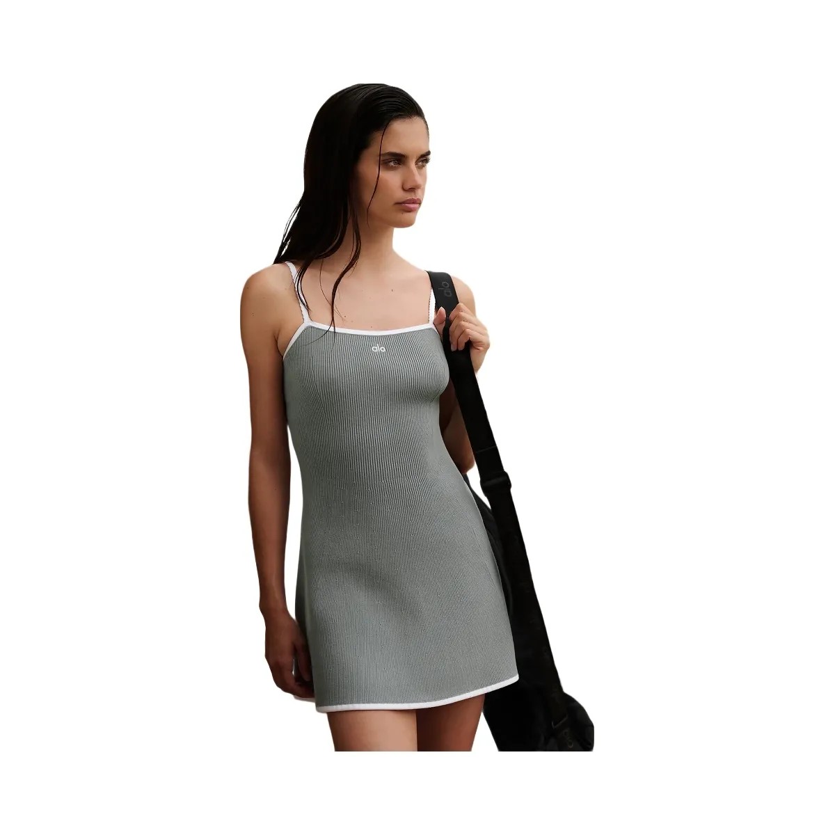Alo Women's Ribbed Sweater Knit Highline Dress - Lunar Grey/White - HypeFly India View 4