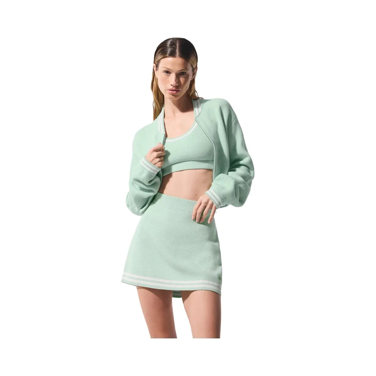 Alo Women's Tennis Club Sweater Knit Full Zip Jacket - Spearmint/White - HypeFly India View 4