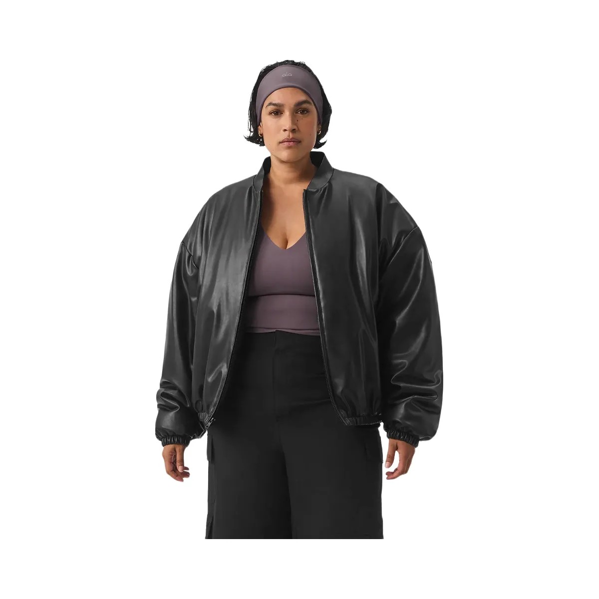 Alo Women's Faux Leather Premier Bomber - Black - HypeFly India View 5