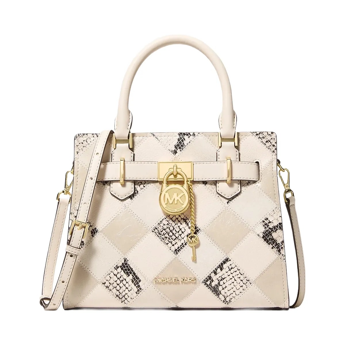 Michael Kors Hamilton Small Patchwork and Snake Embossed Satchel Natural - HypeFly India View 1