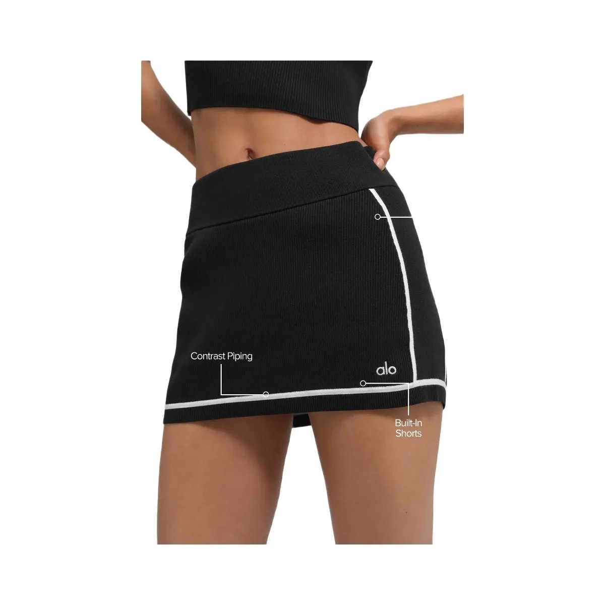 Alo Women's Ribbed Sweater Knit Highline Mini Skirt - Black/White - HypeFly India View 1