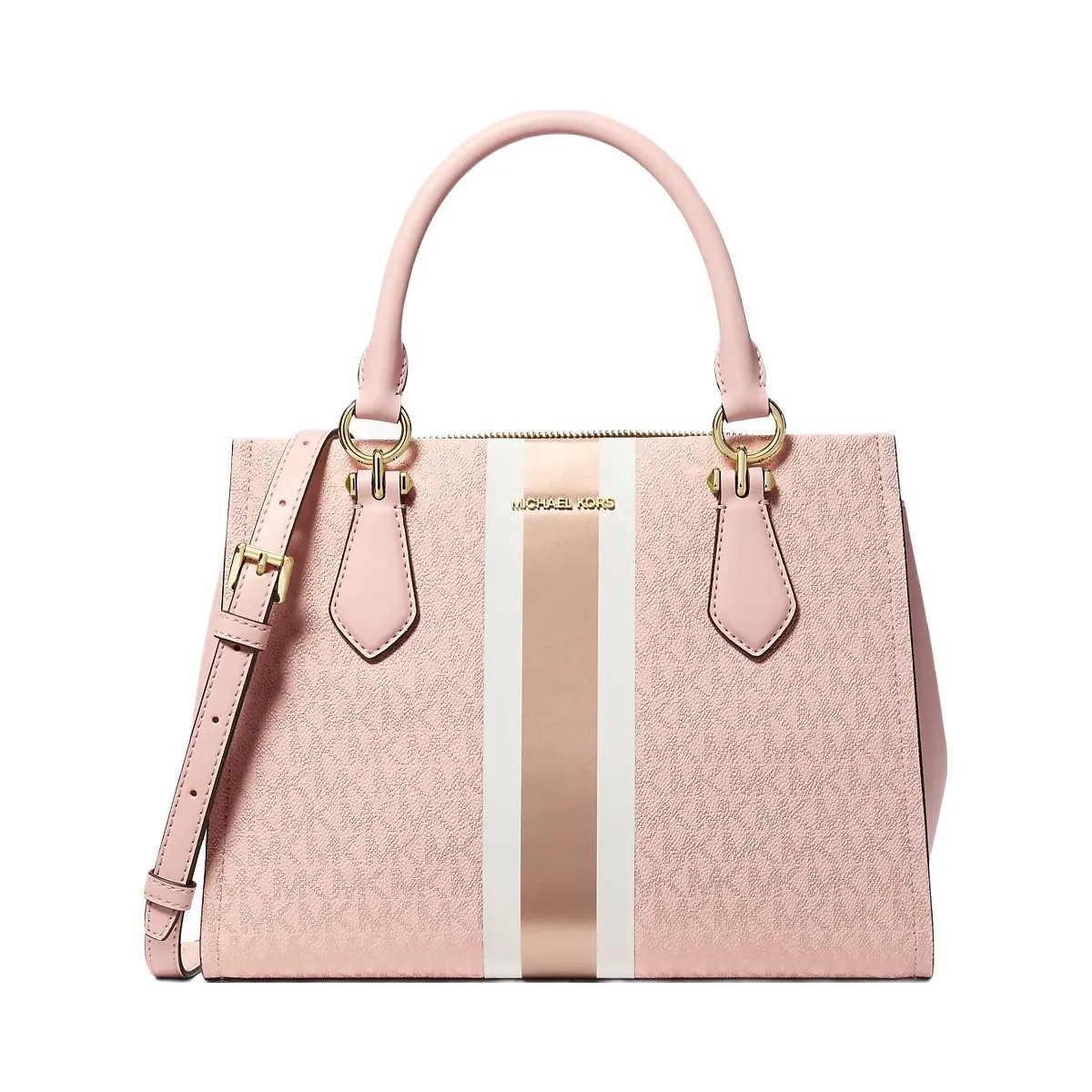 Michael Kors Marilyn Medium Signature Logo Stripe Satchel Powder Blush - HypeFly India View 1