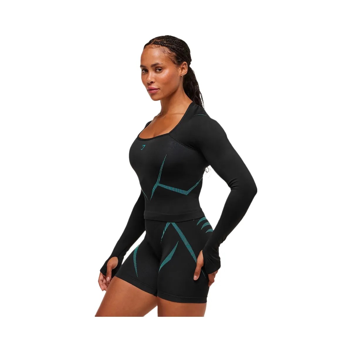 Gymshark Apex Lift Seamless Long Sleeve Crop Top - Black/Brand Blue - HypeFly India View 2