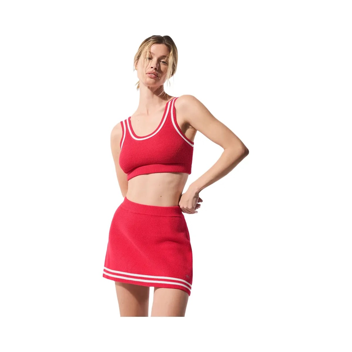 Alo Women's Tennis Club Sweater Knit Bra - Candy Red/White - HypeFly India View 5