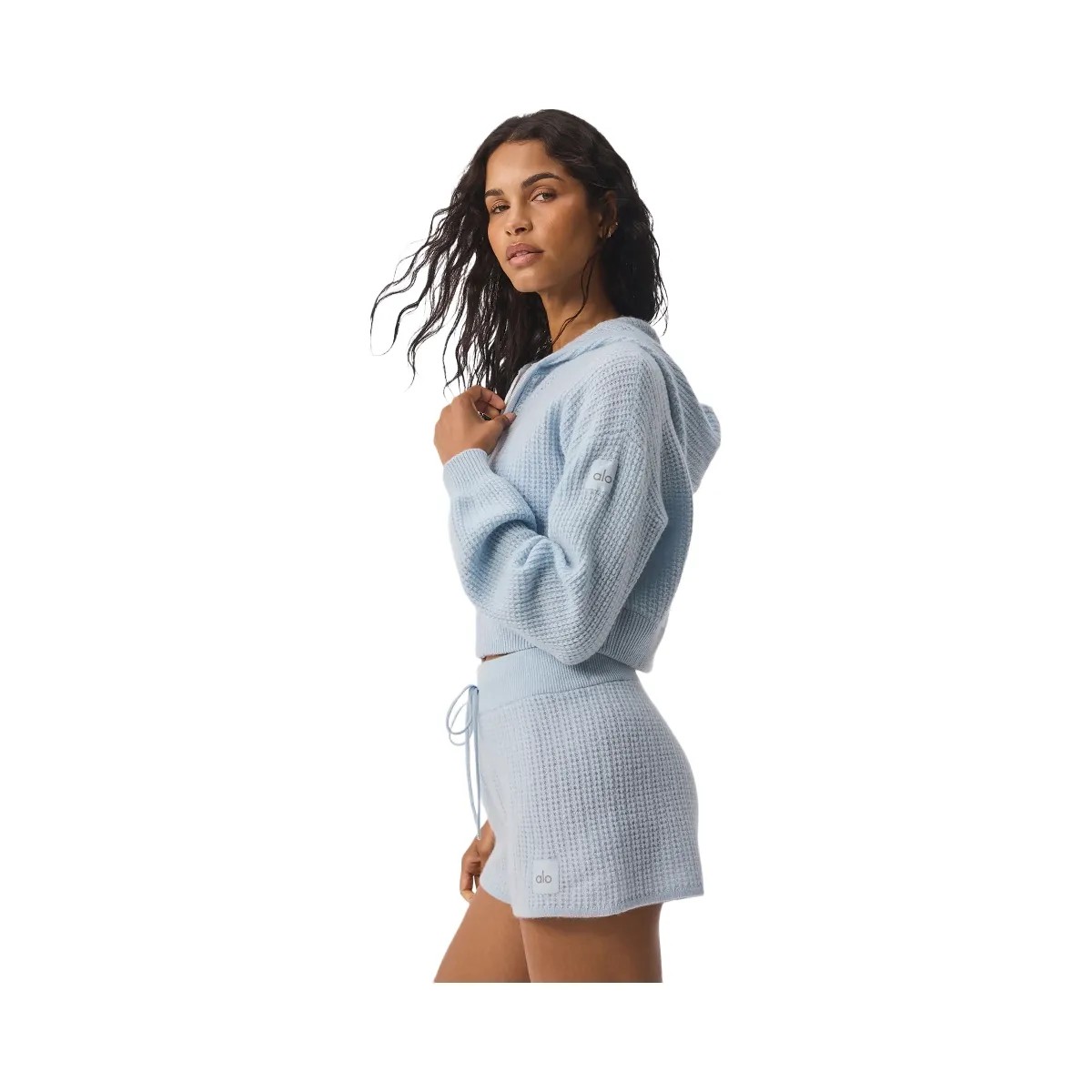 Alo Women's Cashmere Plush Waffle Full Zip Hoodie - Crystal Blue - HypeFly India View 4