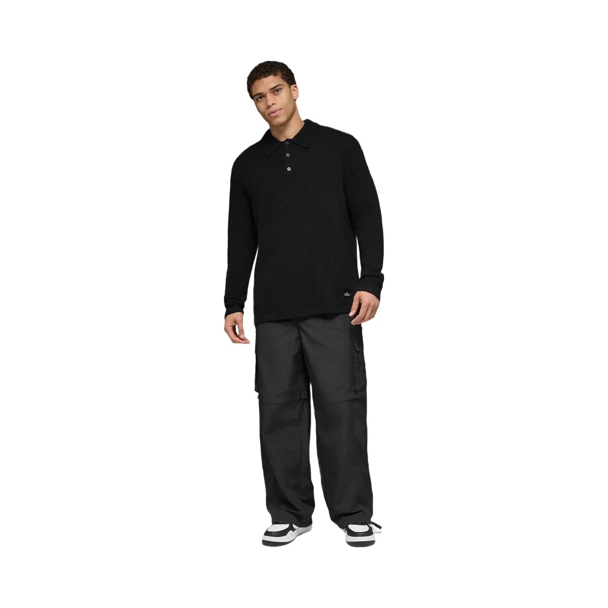 Alo Men's Textured Knit Long Sleeve Polo - Black - HypeFly India View 3