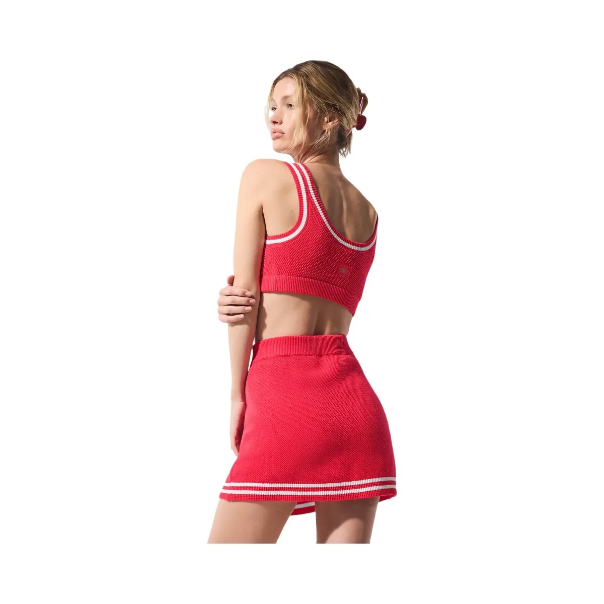 Alo Women's Tennis Club Sweater Knit Bra - Candy Red/White - HypeFly India View 3