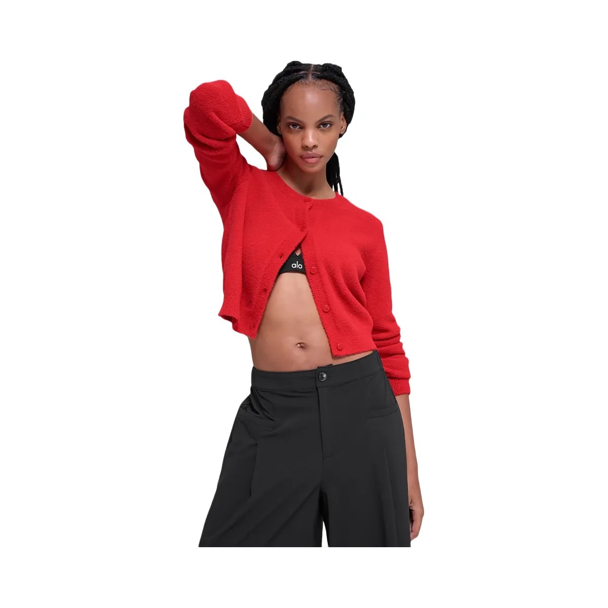 Alo Women's Snuggle Up Sweater Cropped Cardigan - Bright Red - HypeFly India View 3
