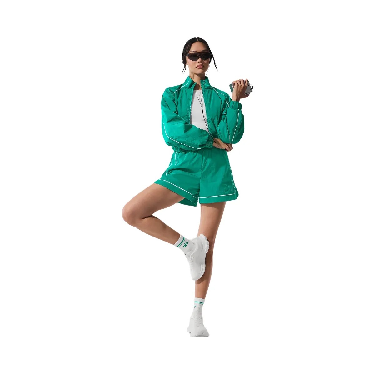 Alo Women's Motivate Track Short - Spruce Green/White - HypeFly India View 4