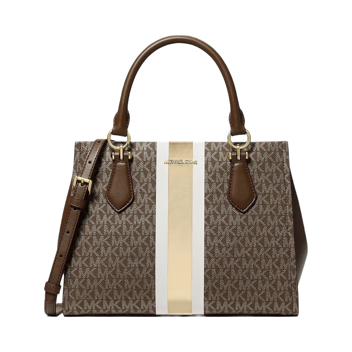 Michael Kors Marilyn Medium Signature Logo Stripe Satchel Brown - HypeFly India View 1