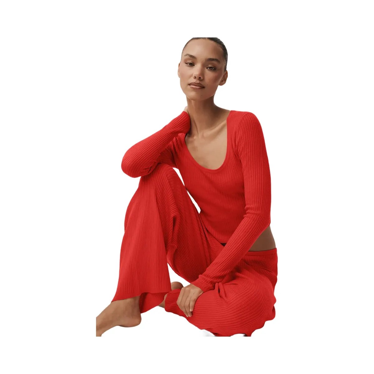 Alo Women's Sweater Knit Mid-Rise Unwind Wide Leg Pant - Bright Red - HypeFly India View 4