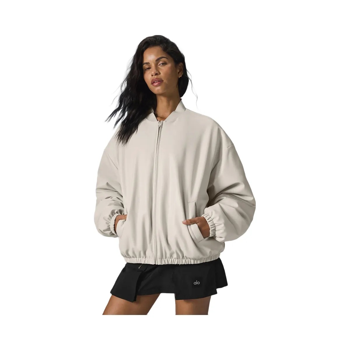 Alo Women's Faux Leather Premier Bomber - Bone - HypeFly India View 1