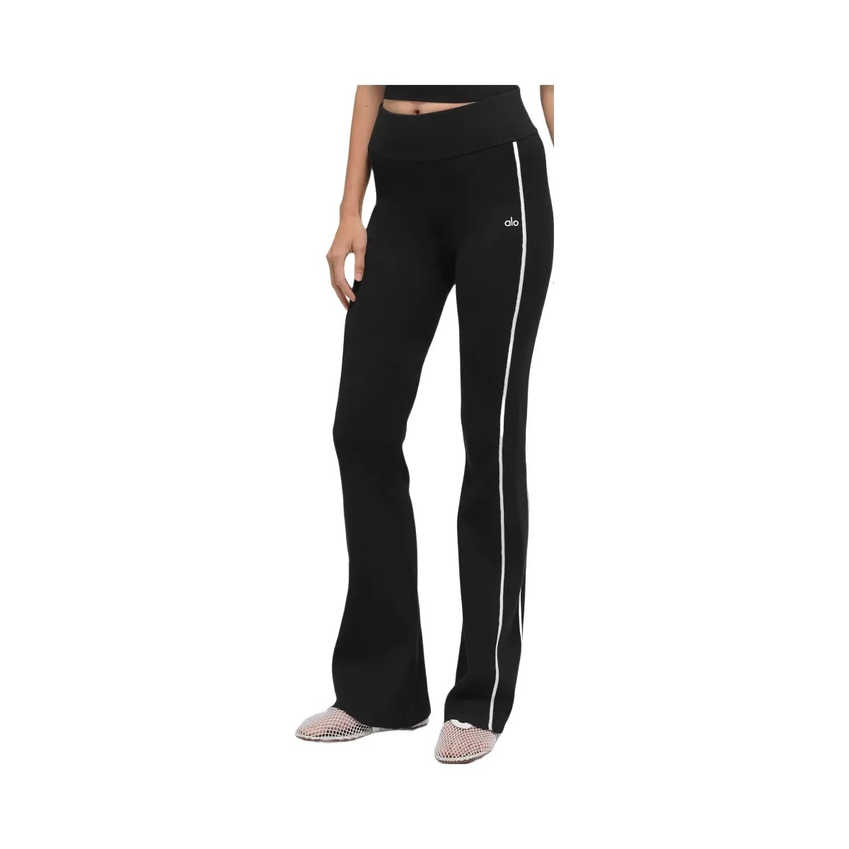 Alo Women's Ribbed Sweater Knit Highline Flare Pant - Black/White - HypeFly India View 2