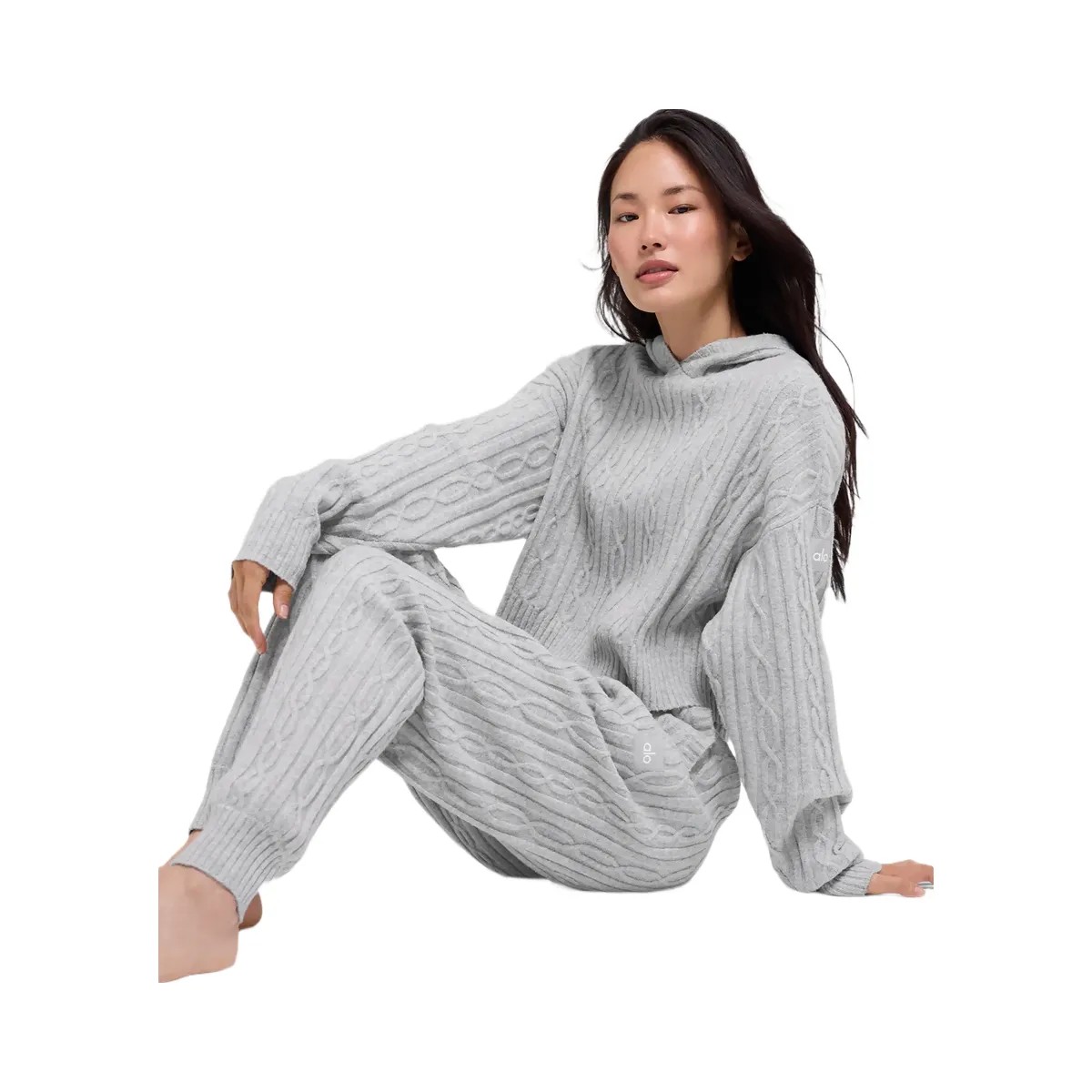 Alo Women's Cable Knit Winter Bliss Hoodie - Athletic Heather Grey - HypeFly India View 4