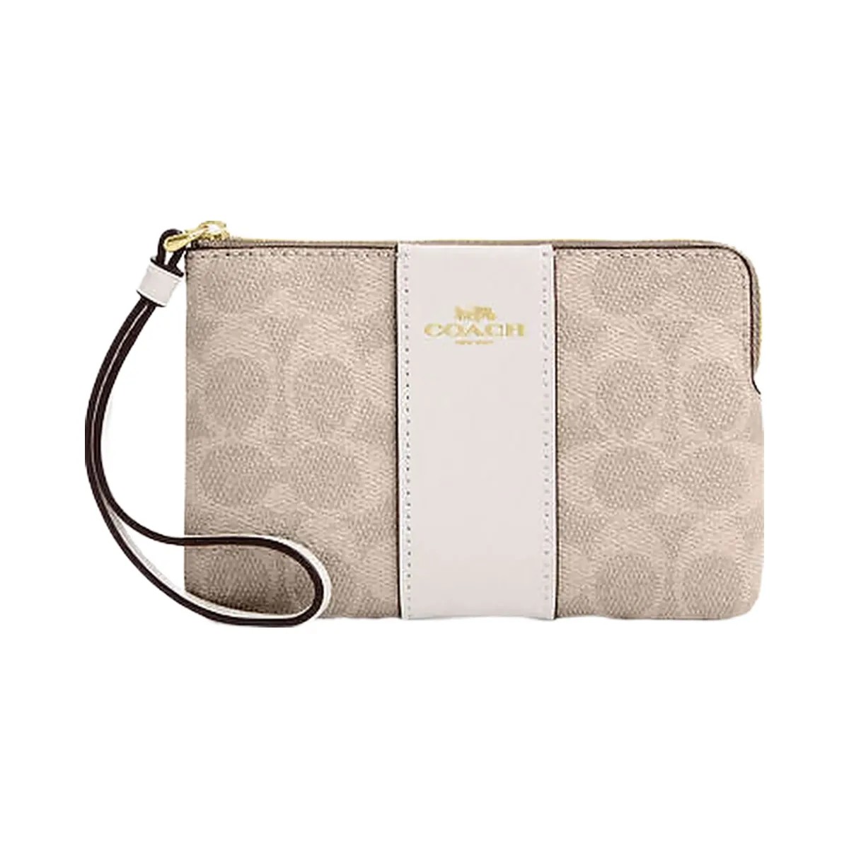 Coach Corner Zip Wristlet In Signature Canvas With Stripe Signature Canvas-Gold-Sand-Chalk - HypeFly India View 1